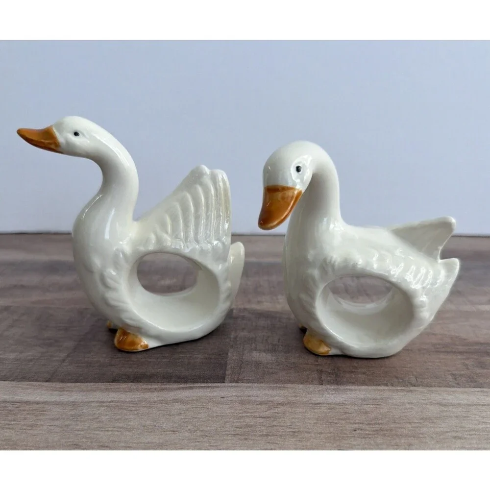 Pair Of Duck Goose Ceramic Porcelain Napkin Rings Takahashi Japan